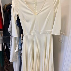 ASOS Cream Pleated A-Line Dress with 3/4 Sleeves